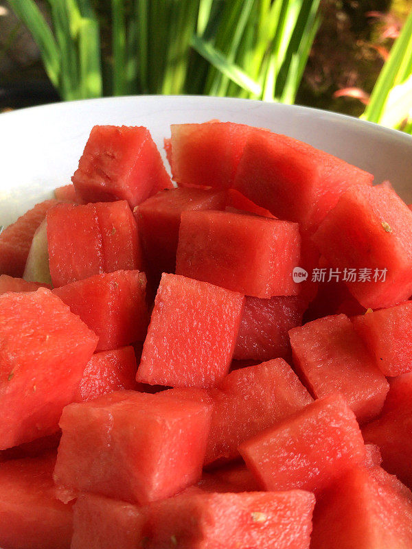 无籽西瓜块和红瓜块被吃在白色的盘子里作为早餐水果沙拉，在阳光明媚的花园，切片西瓜水果零食显示健康的一天吃5个/户外用餐